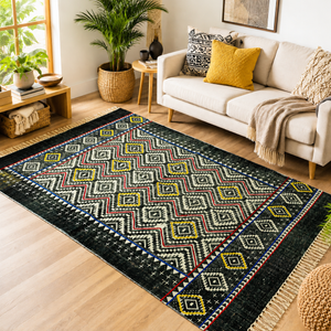 Black Multi Geometric Diamond Cotton Area Rug – Boho Floor Rug (4x6 Ft / 48x72 Inch)
