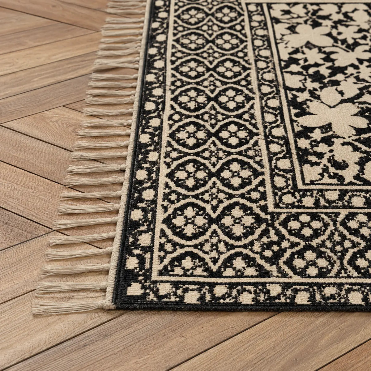 Black Scandinavian Block Print Cotton Dhurrie Rectangular Area Rug (3x5 Ft / 36x60 Inch) Cosymor