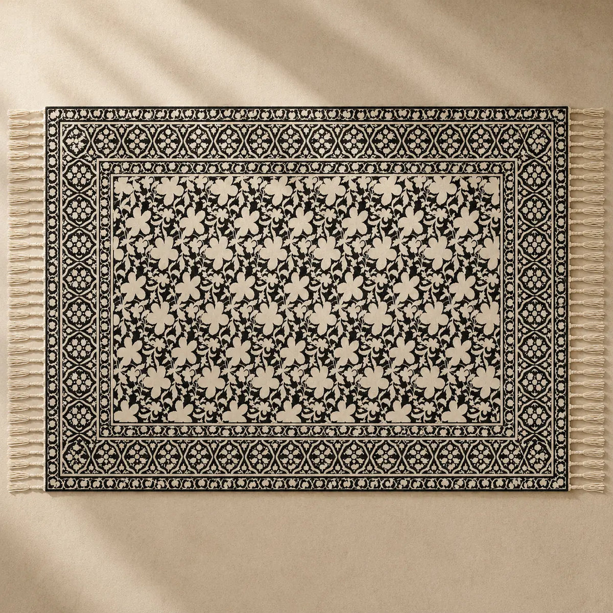 Black Scandinavian Block Print Cotton Dhurrie Rectangular Area Rug (3x5 Ft / 36x60 Inch) Cosymor
