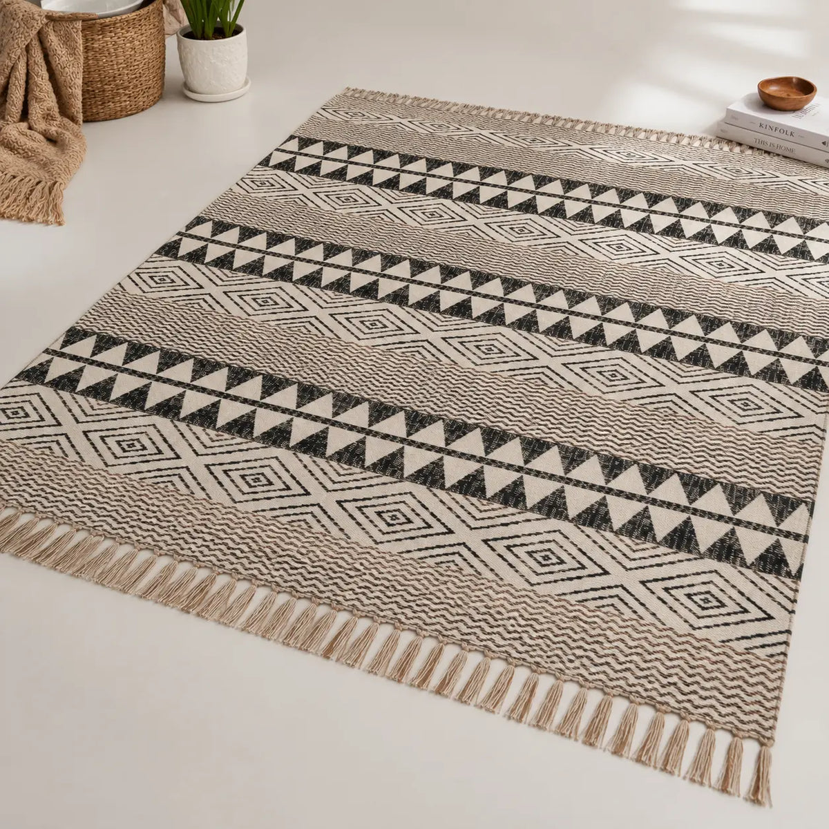 3X5 Ft Black Beige Diamond Block Print Cotton Dhurrie Flatweave Area Rug (36x60 Inch) Cosymor
