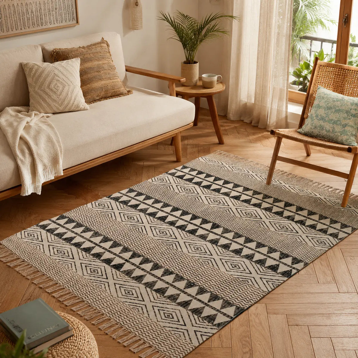 3X5 Ft Black Beige Diamond Block Print Cotton Dhurrie Flatweave Area Rug (36x60 Inch) Cosymor