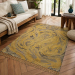 Mustard Marbled Woven Texture Print Rectangular Cotton Area Rug (3x5 Ft / 36x60 Inch)