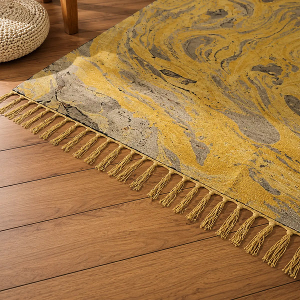 Mustard Marbled Woven Texture Print Rectangular Cotton Area Rug (3x5 Ft / 36x60 Inch)
