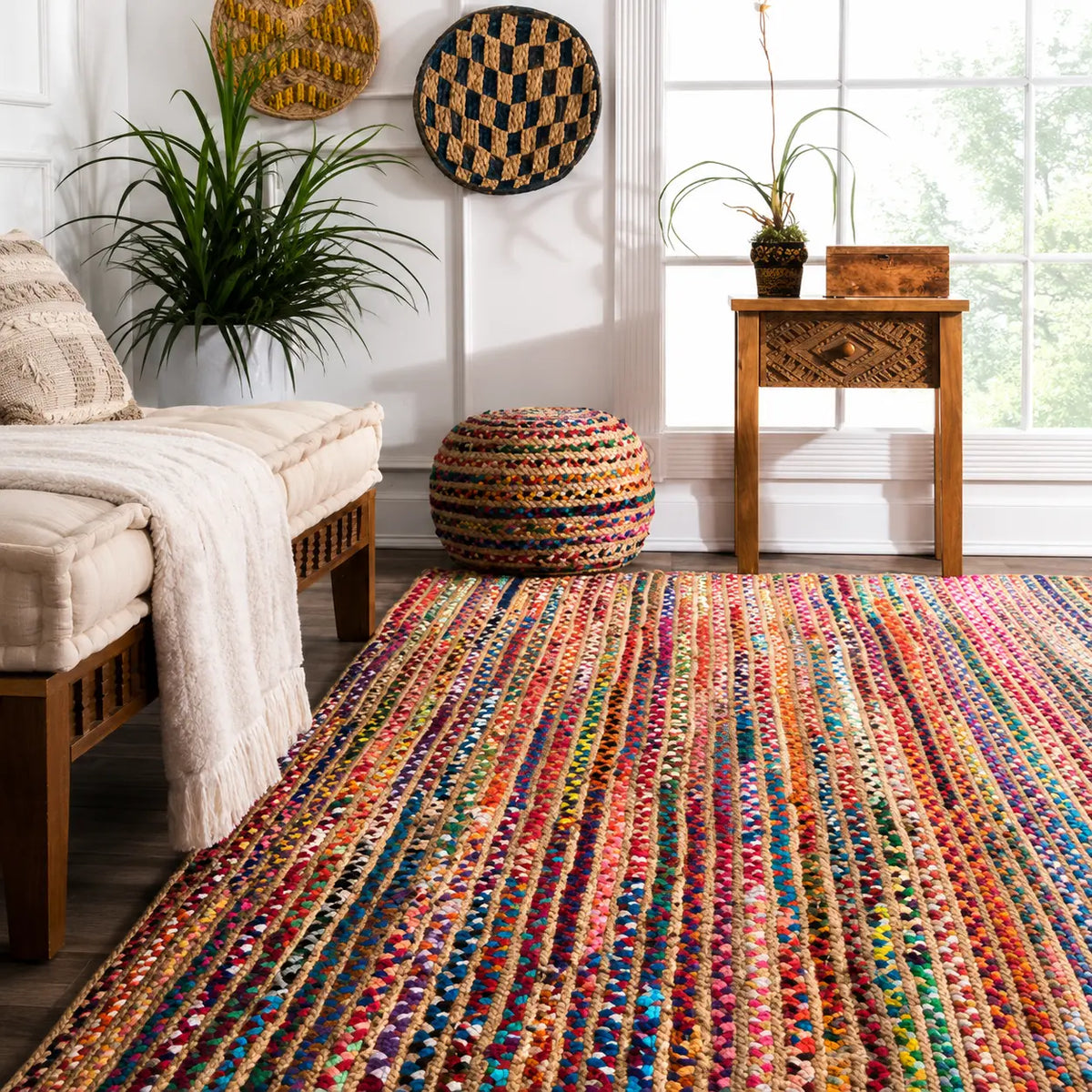 Cosymor Multicolored Natural Fiber Braided Jute Area Rug – Handwoven Boho Floor Rug (4x6 Ft / 48x74 Inch)