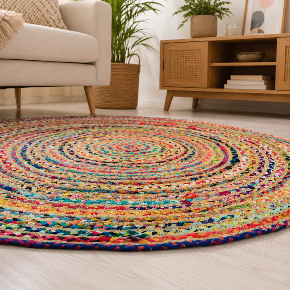 Bohemian Round Natural Jute Chindi Rug – Handwoven Boho Floor Rug (4 Ft / 48 Inch)