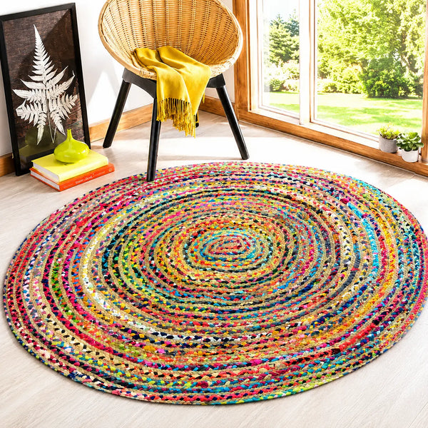 Bohemian Round Natural Jute Chindi Rug – Handwoven Boho Floor Rug (4 Ft / 48 Inch)
