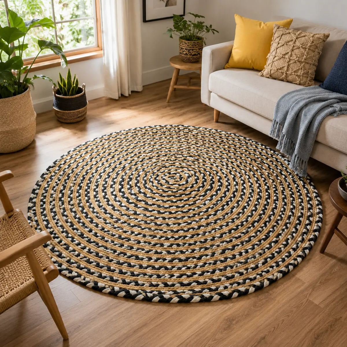 Black & White Jute Braided Round Rug – Handwoven Boho Floor Rug (4 Ft / 48 Inch)