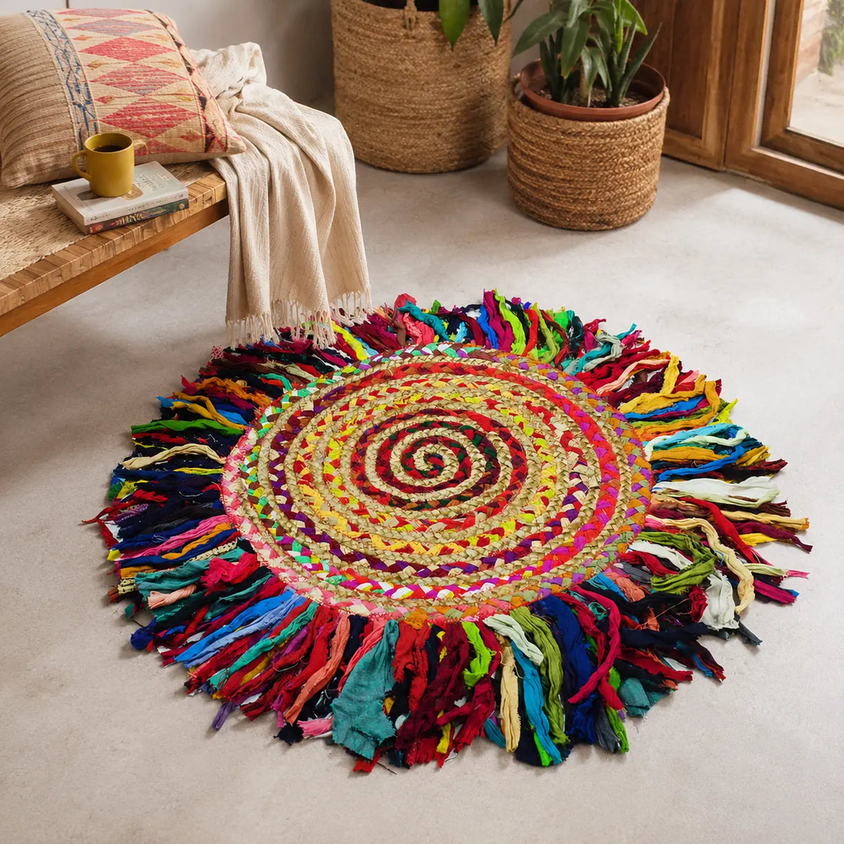 Colorful Jute Chindi Fringed Rug – Handwoven Boho Floor Rug (2 Ft / 24 Inch)