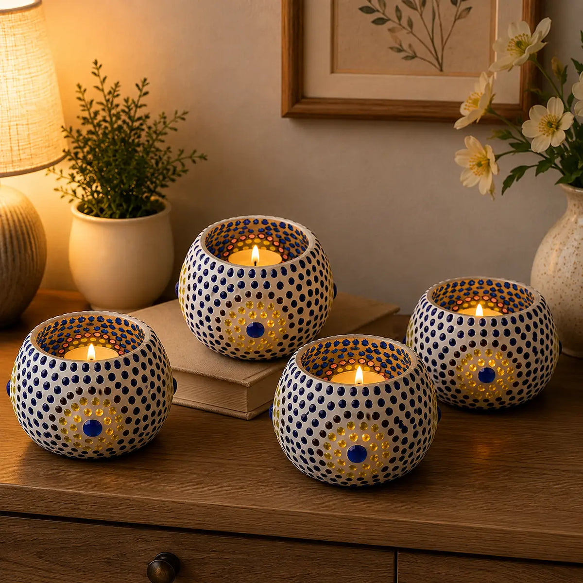 Cosymor Mosaic Ceramic Glass Tealight Candle Holder Set of 4 – Elegant Flower Design for Home Décor, Diwali Christmas Decoration, Dining Table & Living Room | Pack of 4