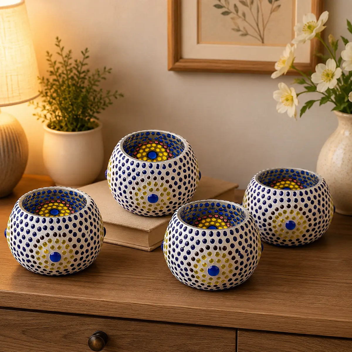 Cosymor Mosaic Ceramic Glass Tealight Candle Holder Set of 4 – Elegant Flower Design for Home Décor, Diwali Christmas Decoration, Dining Table & Living Room | Pack of 4