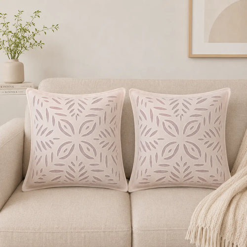 Light Pink Blush Leaf Cutwork Cotton Cushion Cover Set of 2 – 16x16 Inch