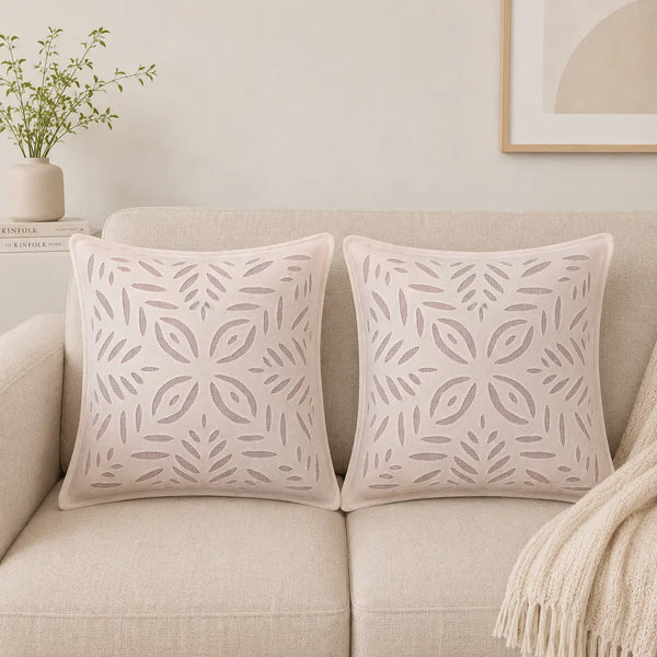 Light Pink Blush Leaf Cutwork Cotton Cushion Cover Set of 2 – 16x16 Inch