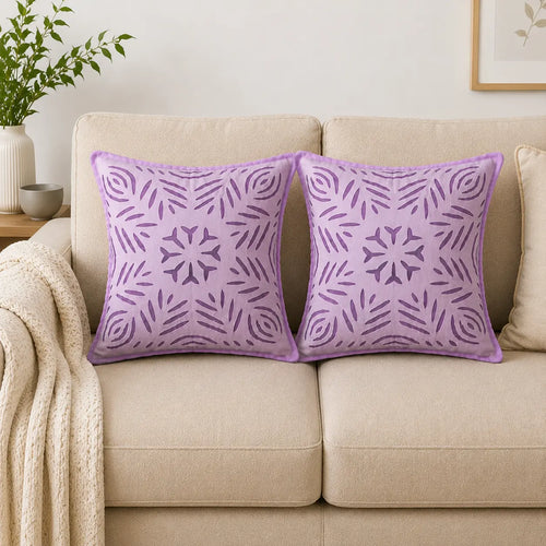 Lavender Botanical Cutwork Cotton Cushion Cover Set of 2 – 16x16 Inch Cosymor