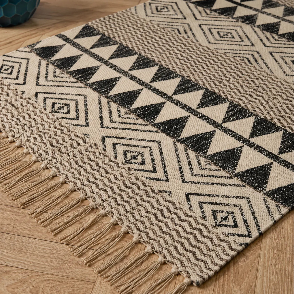 3X5 Ft Black Beige Diamond Block Print Cotton Dhurrie Flatweave Area Rug (36x60 Inch) Cosymor