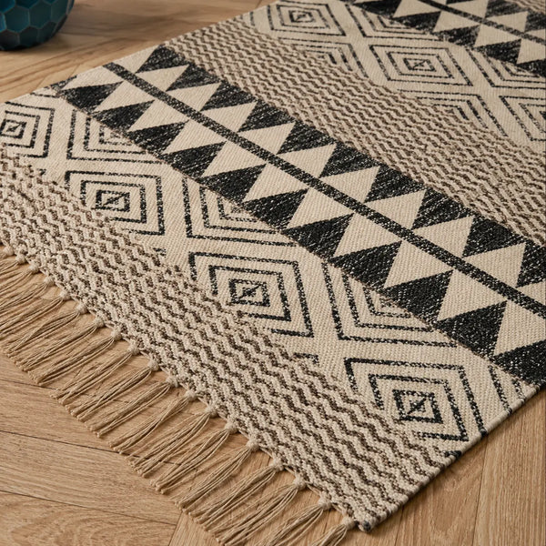 3X5 Ft Black Beige Diamond Block Print Cotton Dhurrie Flatweave Area Rug (36x60 Inch) Cosymor