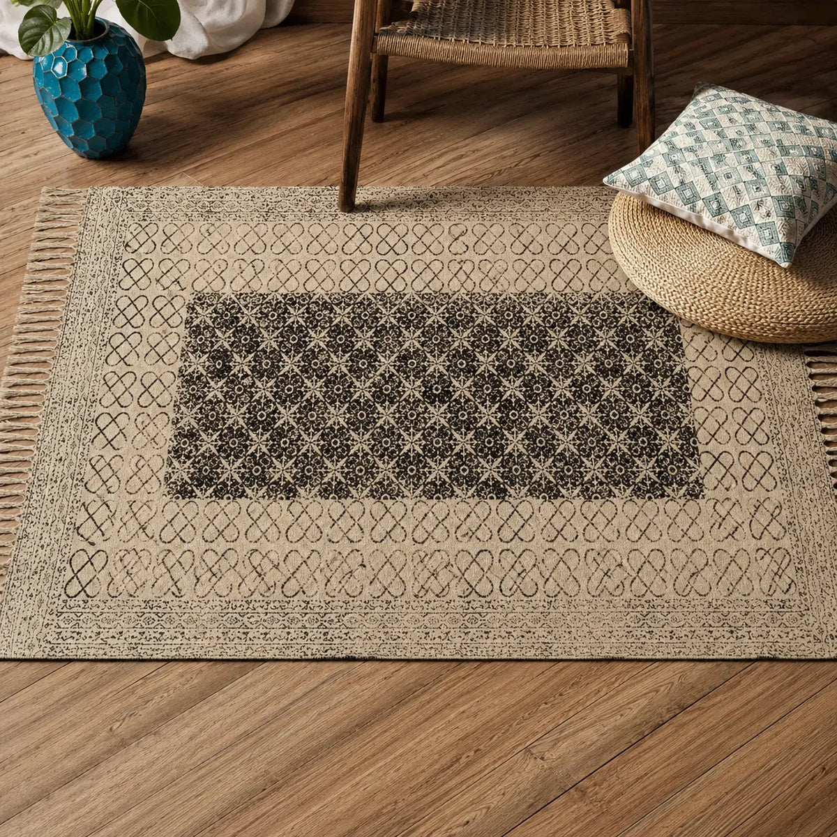 Beige Black Block Print Cotton Dhurrie Rectangular Area Rug (3x5 Ft / 36x60 Inch) Cosymor