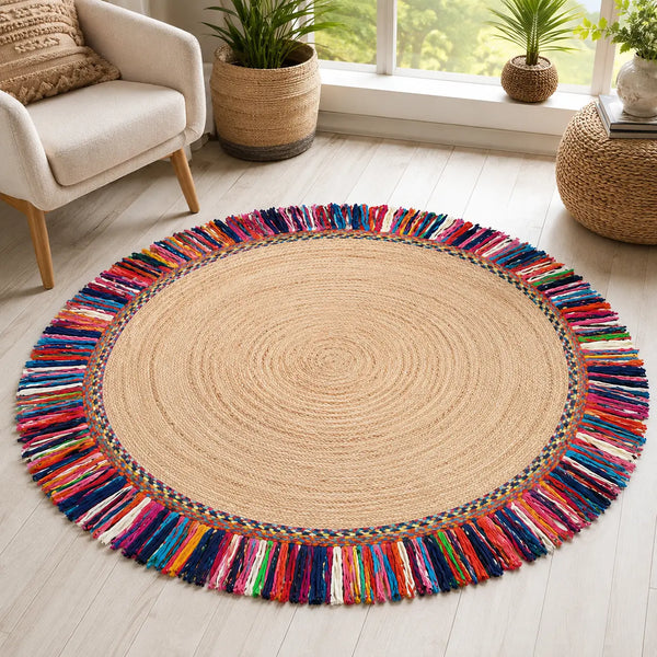 4Ft Sisal Jute Braided Round Fringed Rug – Handwoven Floor Area Rug