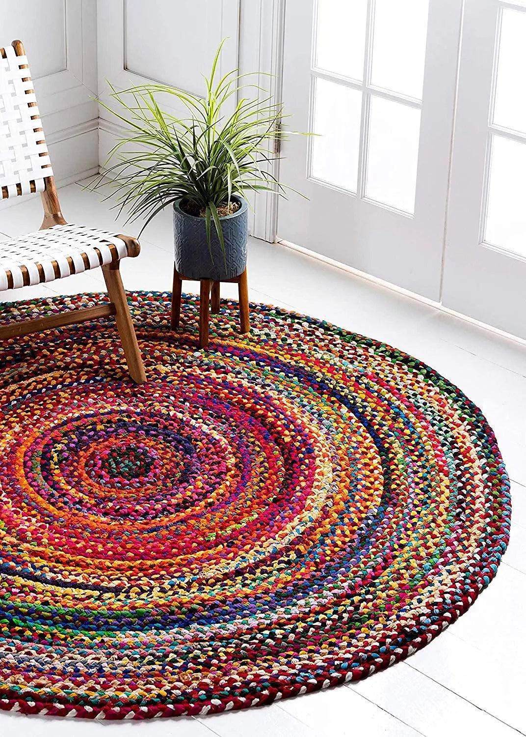 Bohemian Round Chindi Multicolor Braided Rug – Handwoven Jute & Cotton Area Rug (5 Ft / 60 Inch)