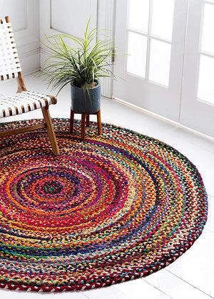 Bohemian Round Chindi Multicolor Braided Rug – Handwoven Jute & Cotton Area Rug (5 Ft / 60 Inch)