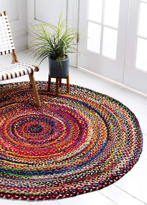 Bohemian Round Chindi Multicolor Braided Rug – Handwoven Jute & Cotton Area Rug (5 Ft / 60 Inch)