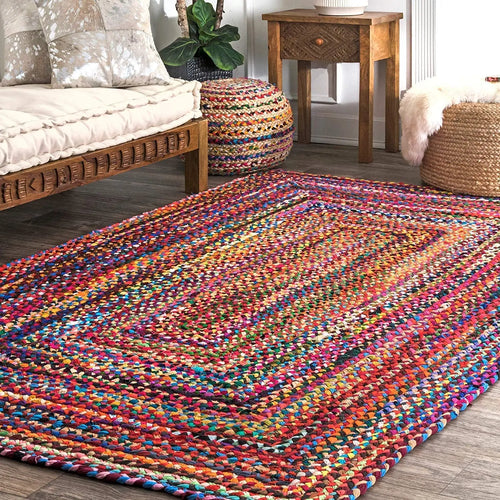 Cosymor' Multicolor Handwoven Jute & Chindi Rug – Braided Rectangle Area Carpet for Living Room & Bedroom | Eco-Friendly Boho Floor Rug (4X6 FEET)