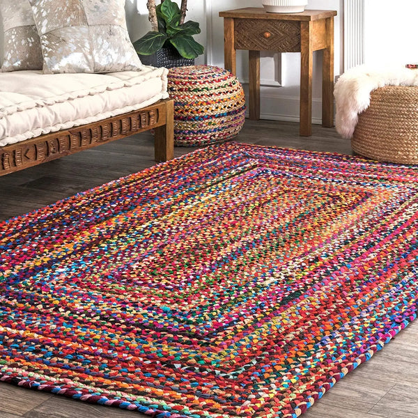 Cosymor' Multicolor Handwoven Jute & Chindi Rug – Braided Rectangle Area Carpet for Living Room & Bedroom | Eco-Friendly Boho Floor Rug (4X6 FEET)
