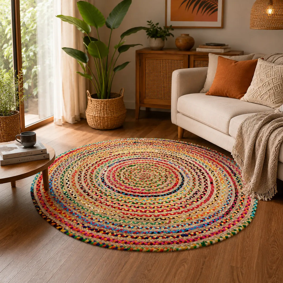 Multicolor Round Chindi Braided Rug – Handwoven Jute & Cotton Area Rug (5 Ft / 60 Inch)