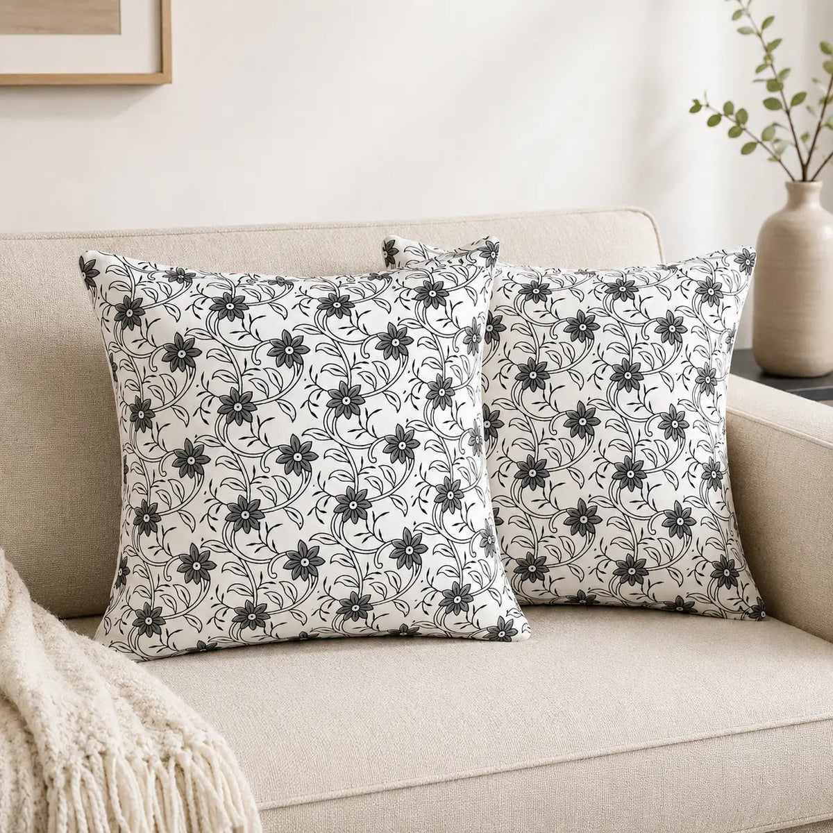 Ivory & Black Floral Block Print Cotton Cushion Cover Set – 16x16 Inch Cosymor