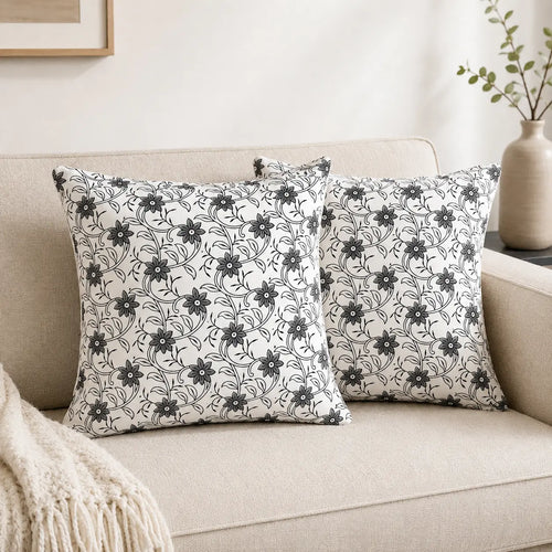Ivory & Black Floral Block Print Cotton Cushion Cover Set – 16x16 Inch Cosymor
