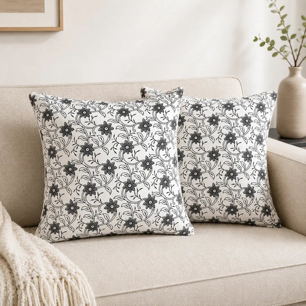Ivory & Black Floral Block Print Cotton Cushion Cover Set – 16x16 Inch Cosymor
