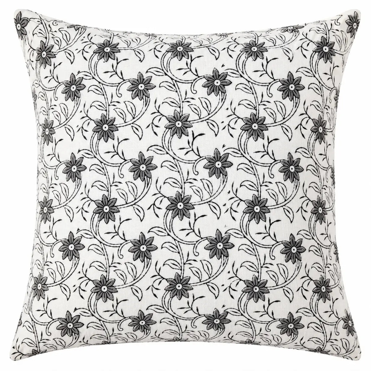 Ivory & Black Floral Block Print Cotton Cushion Cover Set – 16x16 Inch Cosymor