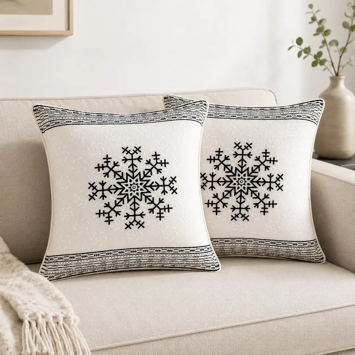 Ivory Black Block Print Cotton Cushion Cover Set – 16x16 Inch Cosymor