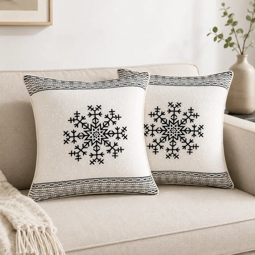 Ivory Black Block Print Cotton Cushion Cover Set – 16x16 Inch Cosymor