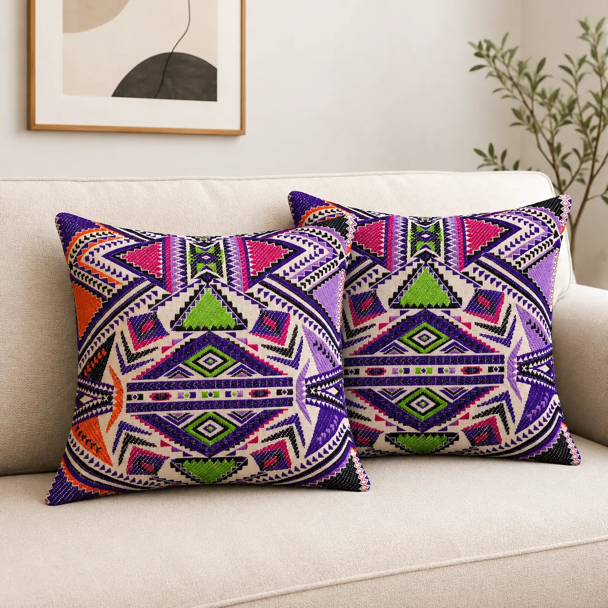 Purple Geometric Boho Cushion Cover Set of 2 - 16X16 Inch Cosymor