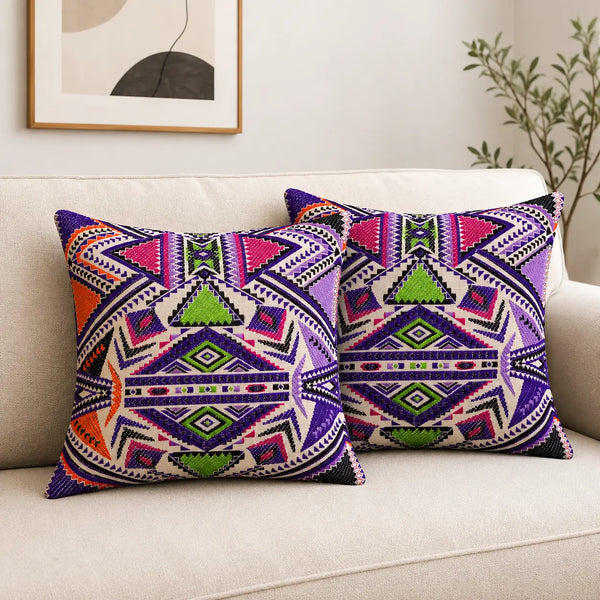 Purple Geometric Boho Cushion Cover Set of 2 - 16X16 Inch Cosymor