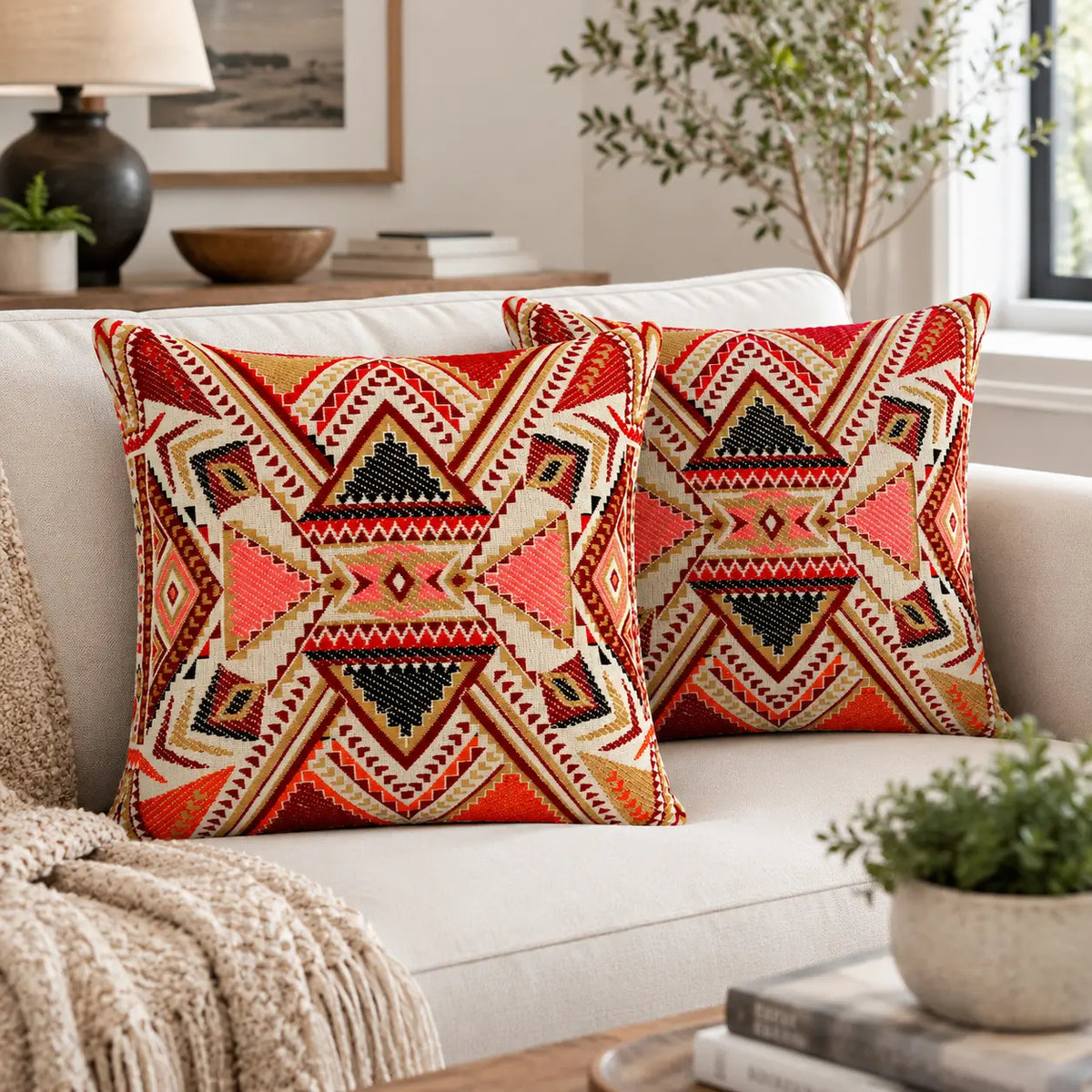 Rust Multi Geometric Texture Boho Cushion Cover Set of 2 - 16X16 Inch Cosymor