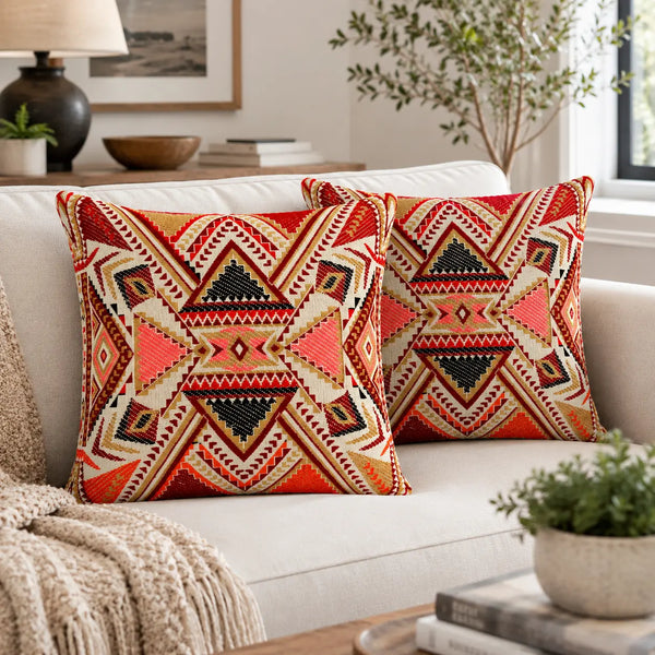 Rust Multi Geometric Texture Boho Cushion Cover Set of 2 - 16X16 Inch Cosymor