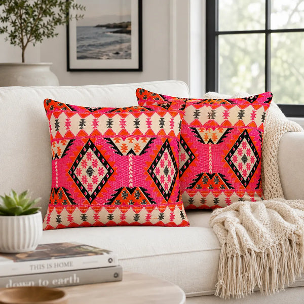 Pink Multi Tribal Boho Inspired Geometric Cushion Cover Set of 2 - 16X16 Inch Cosymor