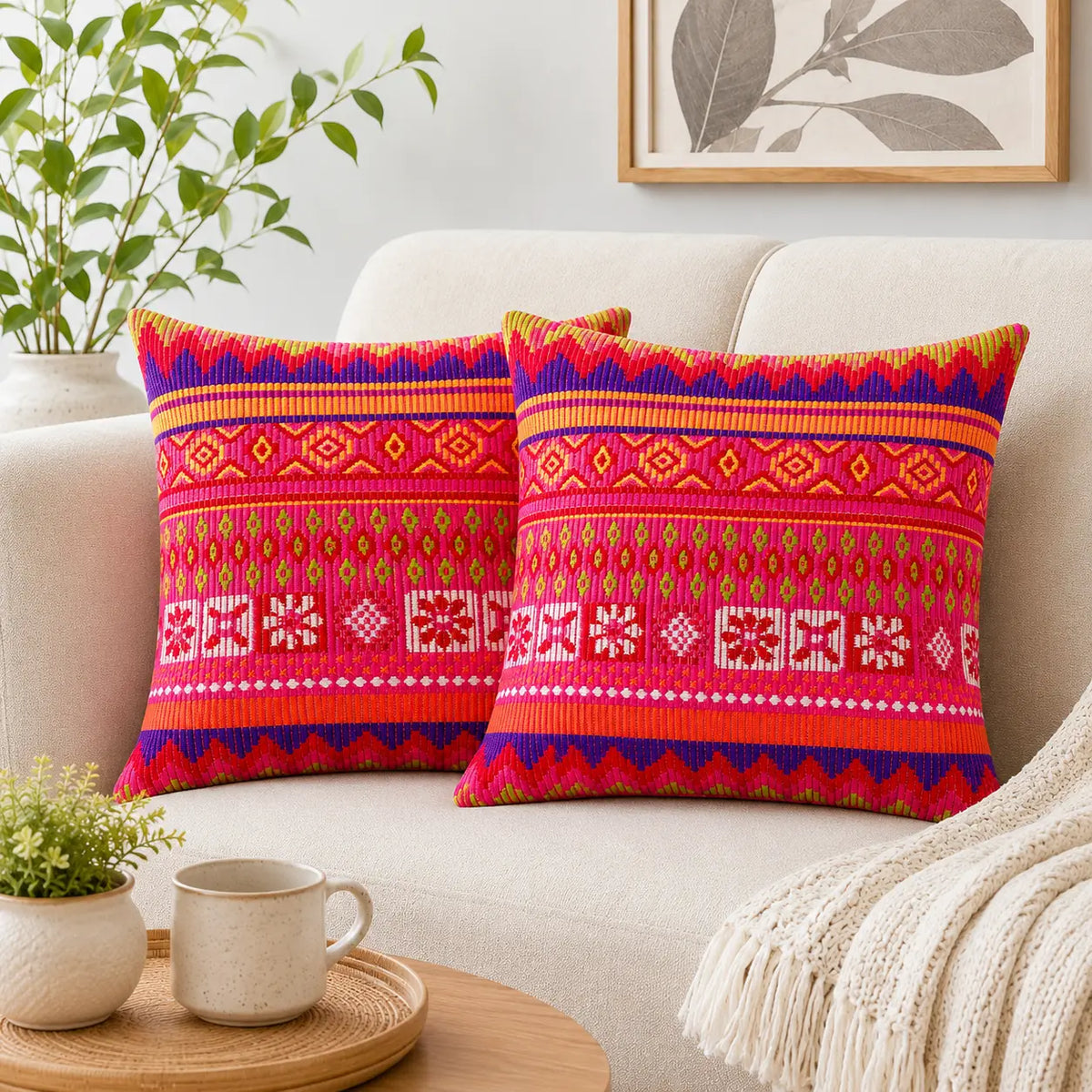 16X16 Inch Orange Geometric Folk Tribal Cushion Cover Set for Sofa Chair
