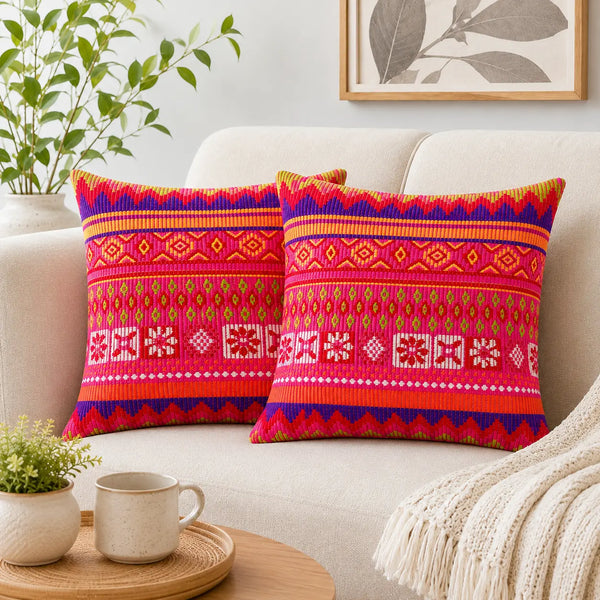 16X16 Inch Orange Geometric Folk Tribal Cushion Cover Set for Sofa Chair