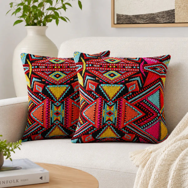Red Multi Turkish Boho Geometric Cotton Boho Cushion Cover Set – 16x16 Inch Cosymor
