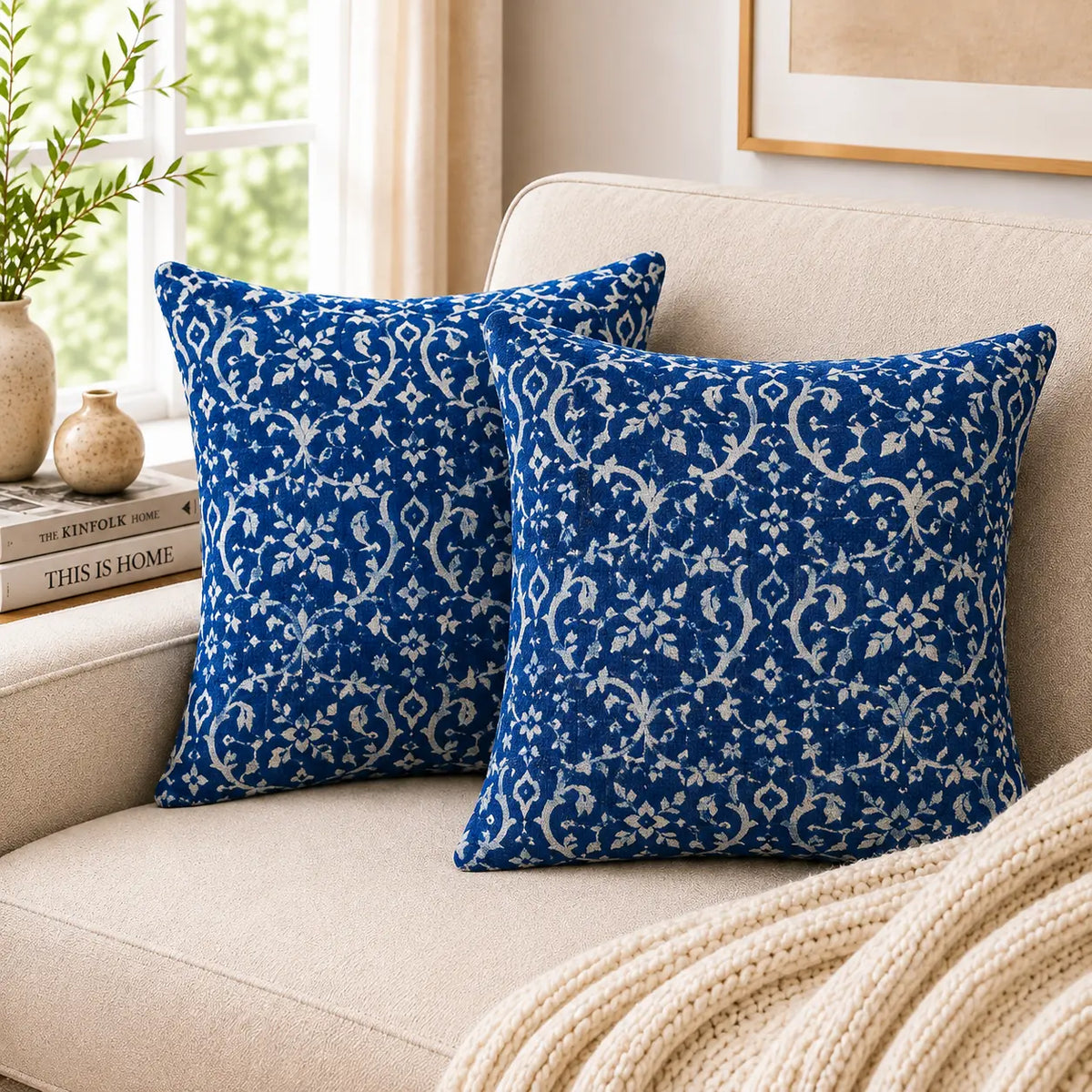 16X16 Inch Indigo Leaves Block Printed Cushion Cover Set for Sofa Living Cosymor