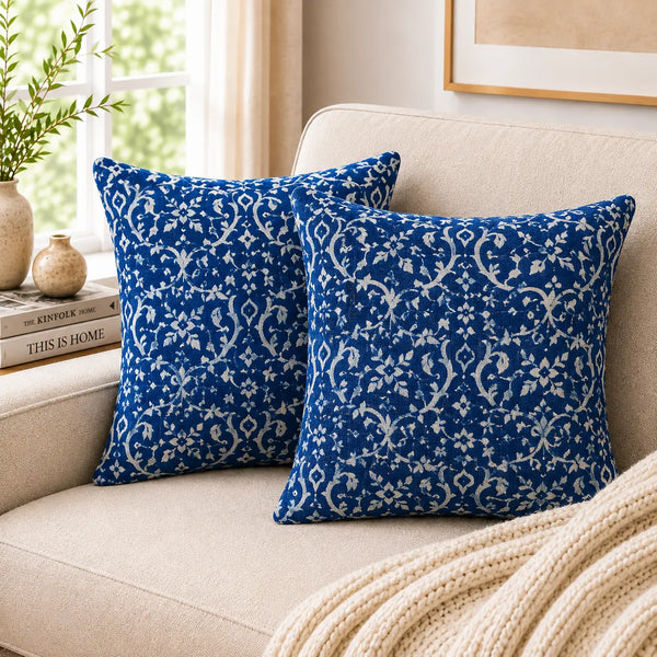 16X16 Inch Indigo Leaves Block Printed Cushion Cover Set for Sofa Living Cosymor