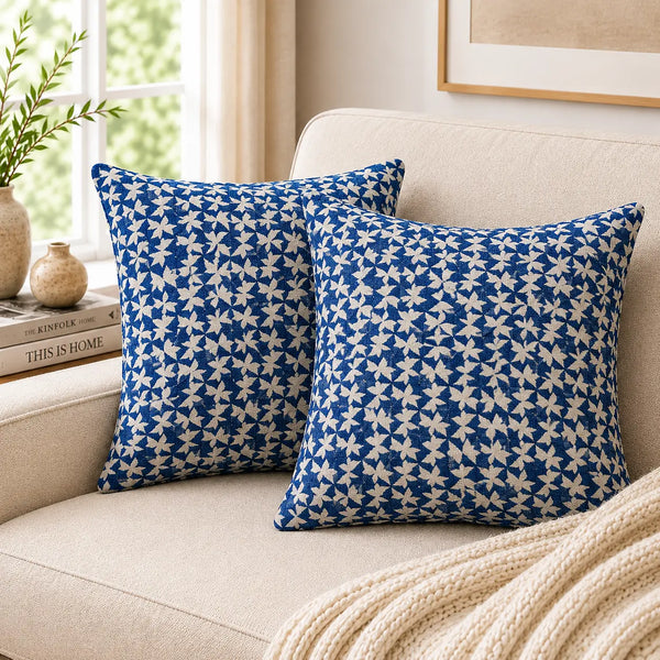 16X16 Inch Indigo Bloom Block-Printed Square Cushion Cover Set