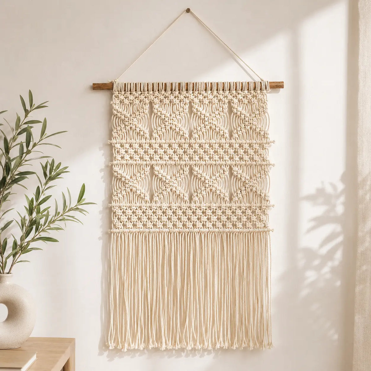 Handwoven Knitted Macrame Wall Hanging – Boho Cotton Wall Decor for Living Room, Bedroom & Entryway | Handmade Woven Tapestry (15 x 35 Inch)