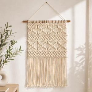 Handwoven Knitted Macrame Wall Hanging – Boho Cotton Wall Decor for Living Room, Bedroom & Entryway | Handmade Woven Tapestry (15 x 35 Inch)