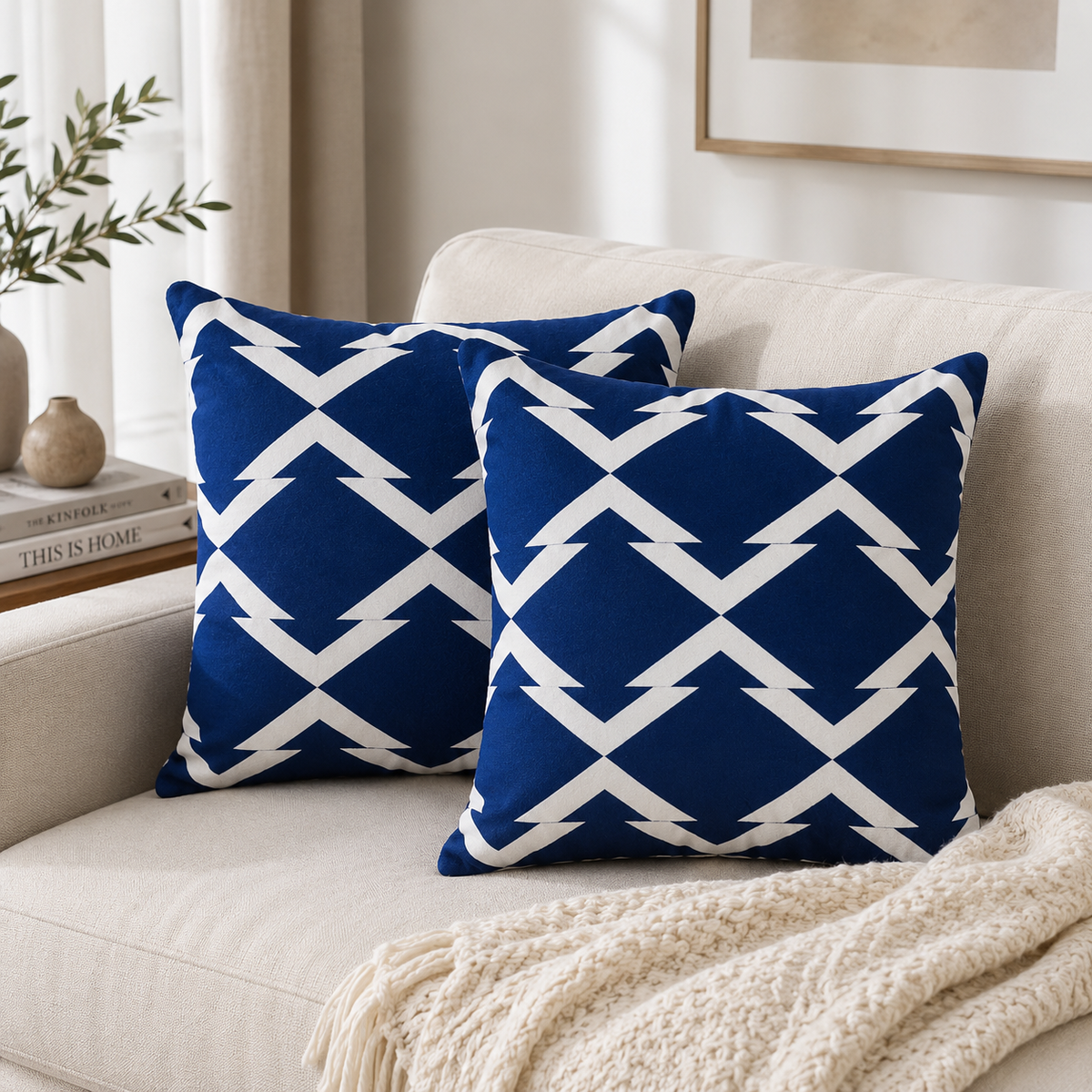 Cosymor Blue Chevron Decorative Cushion Cover – Geometric Throw Pillow Cover for Sofa, Couch & Bedroom Décor (16 x 16 Inch)