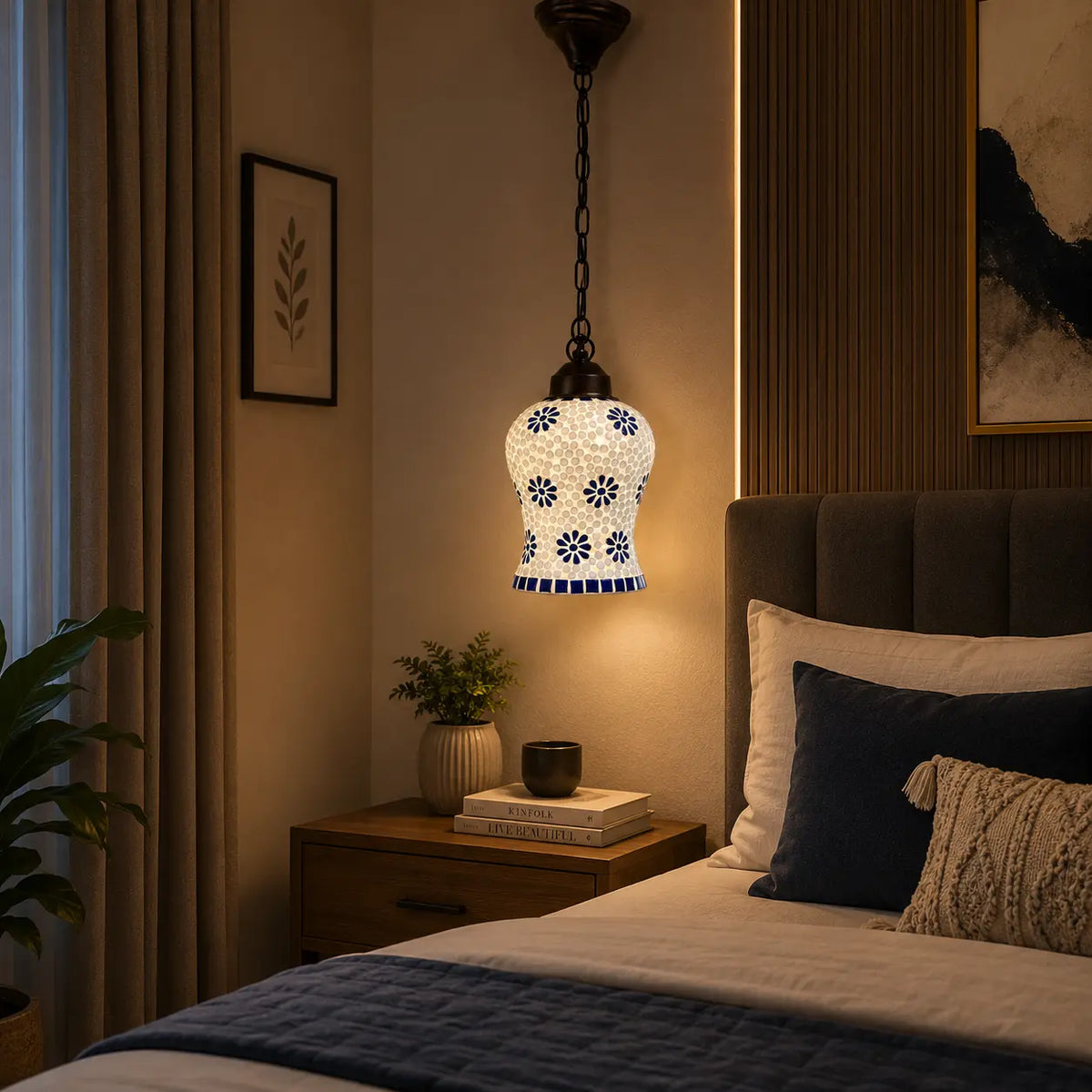 Ceramic Floral Painted Mosaic Ceiling Pendant Lantern Lamp