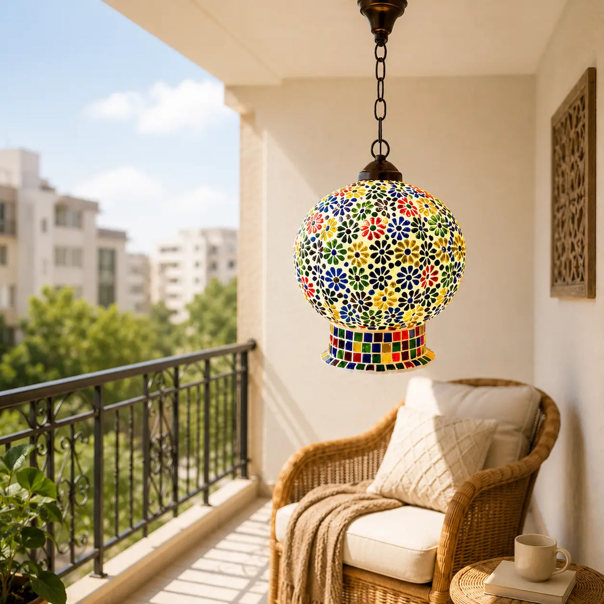 Cosymor Moroccan Mosaic Glass Hanging Lamp – Decorative Boho Pendant Light for Indoor and Outdoor