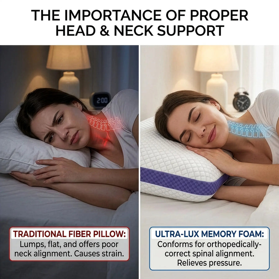 Cosymor neck pain pillow in use on bed showing correct sleeping posture
